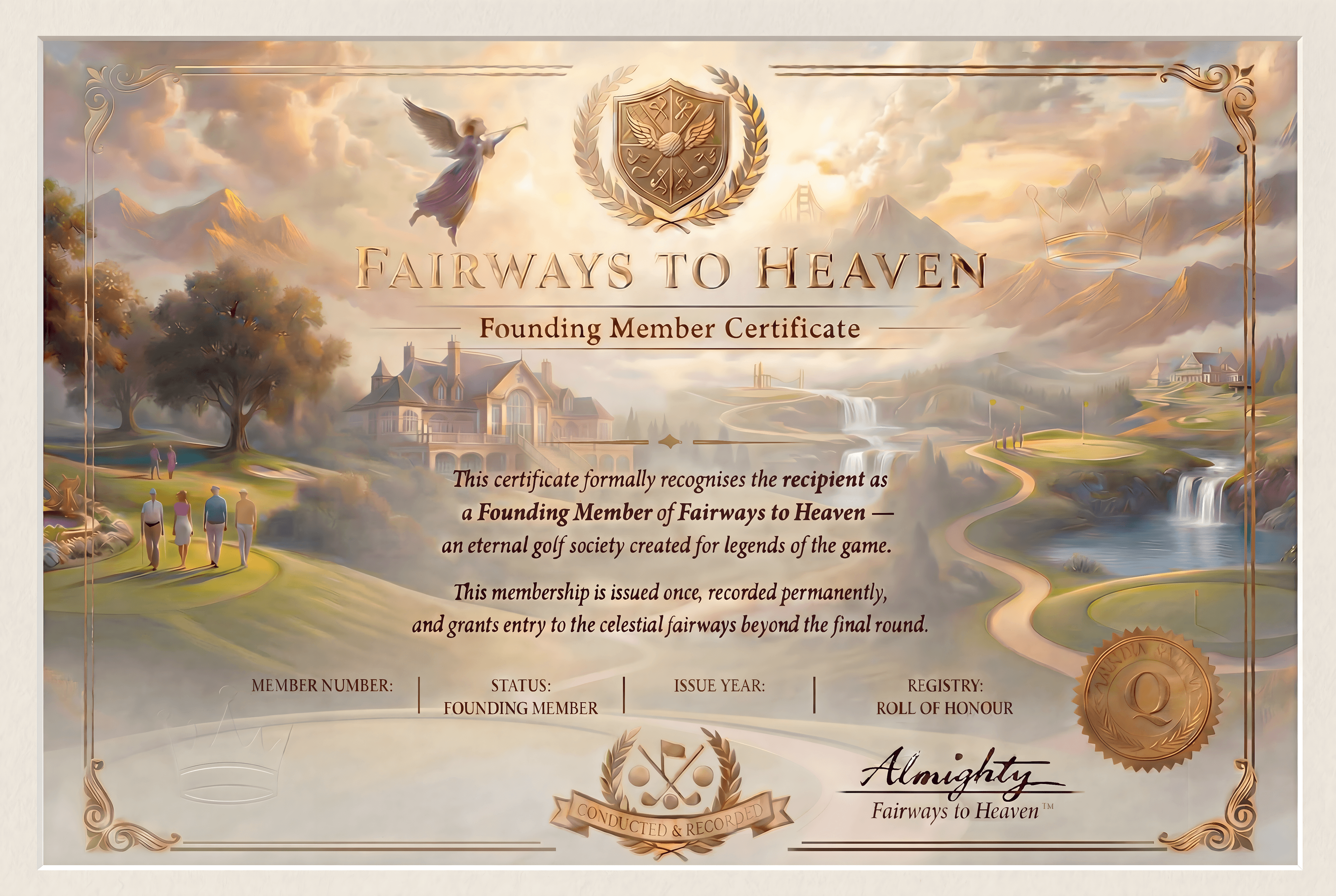 Fairways to Heaven Certificate of Eternal Membership